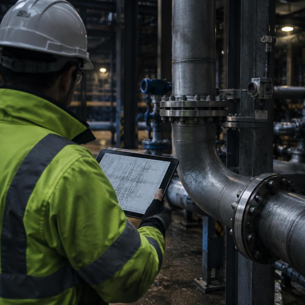 Engineer in hard hat reviewing pipework drawings on a tablet beside installed steel pipework