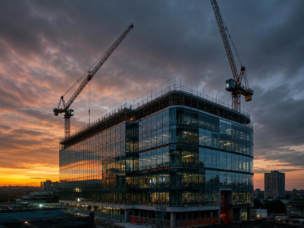 Glass-fronted commercial building under construction at dusk with tower cranes