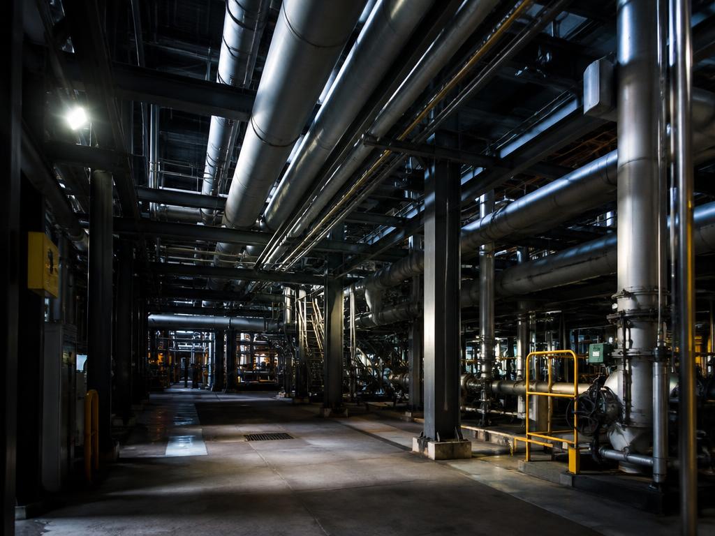 Industrial facility interior with overhead insulated pipework and steel structure