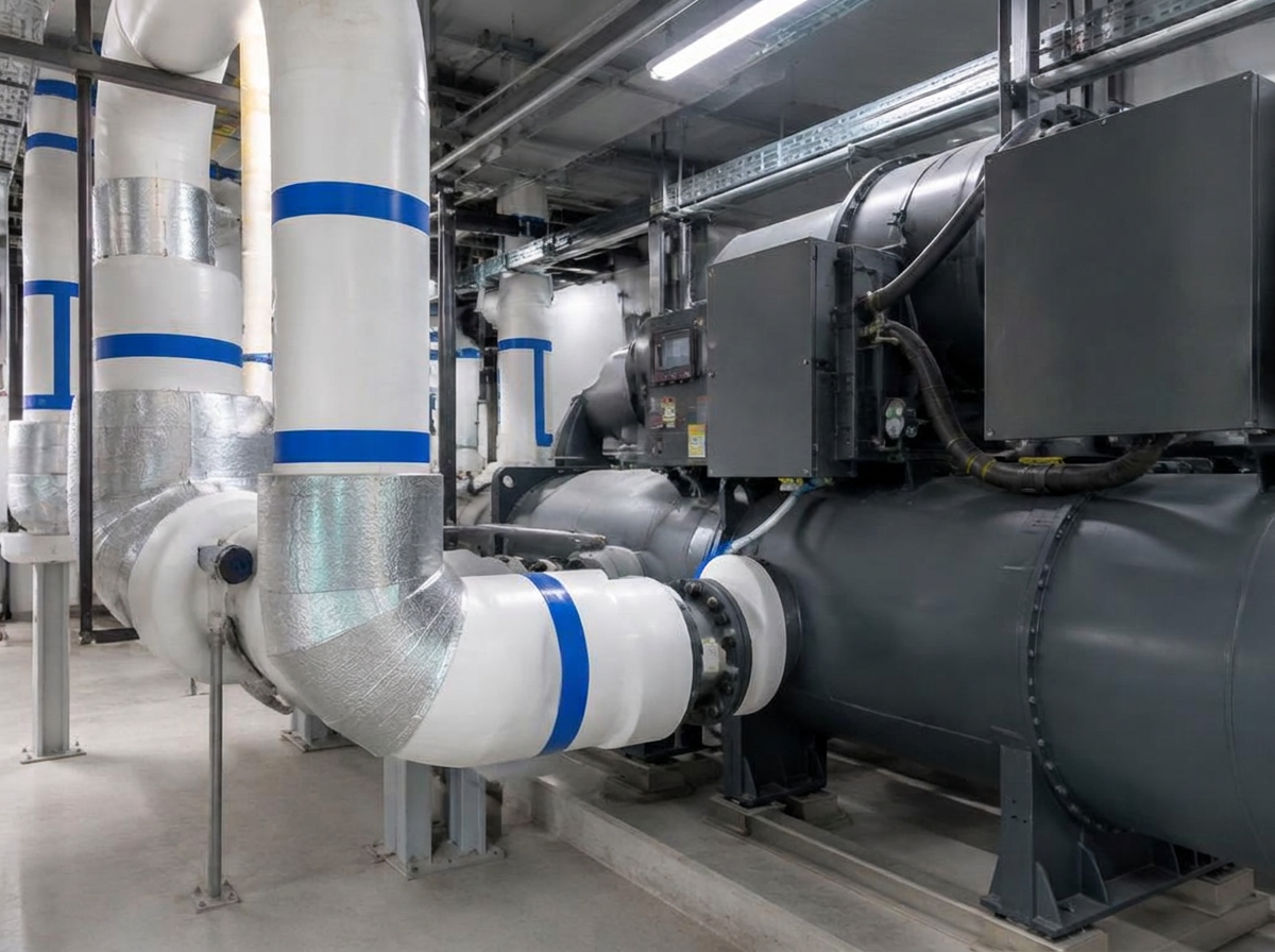 Insulated chilled water pipework with blue identification bands connected to a chiller