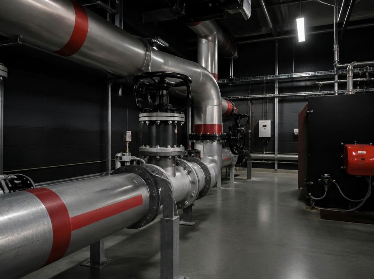 Insulated steel heating flow and return pipework with red bands and a gate valve in a boiler room