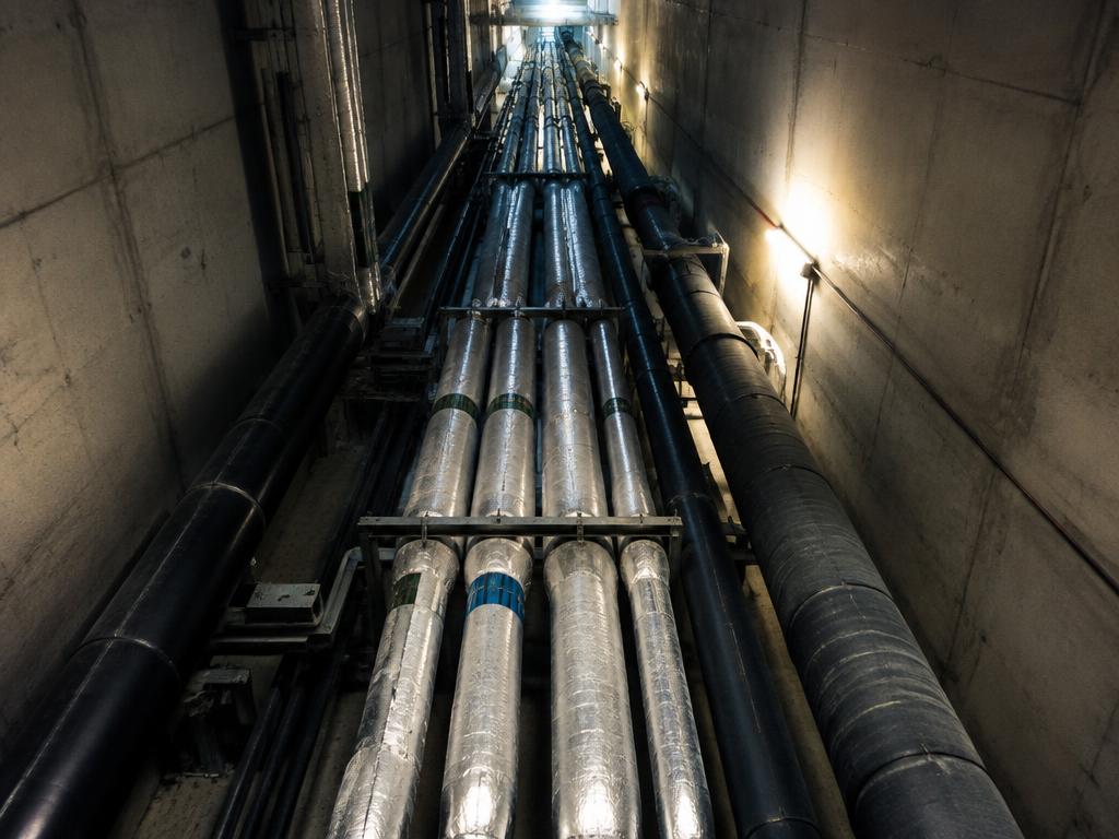 Looking up a service riser shaft with multiple insulated vertical pipes